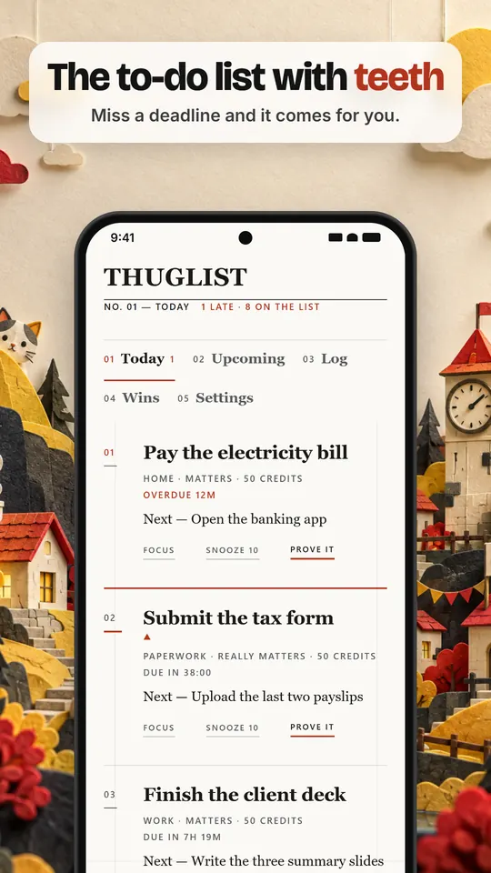 THUGLIST Today screen: a to-do list with deadlines, one task shown as overdue by 12 minutes