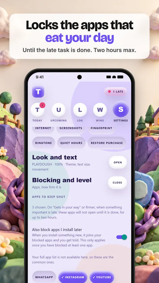 THUGLIST blocking settings with Instagram and YouTube chosen as apps to keep shut