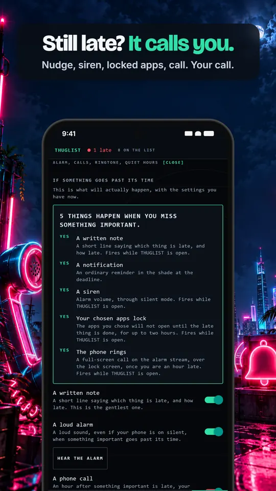 List of what happens when an important task is missed: a written note, a notification, an alarm, locked apps and a phone call