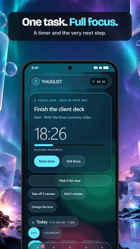 THUGLIST focus timer on one task with the time left and a Mark done button